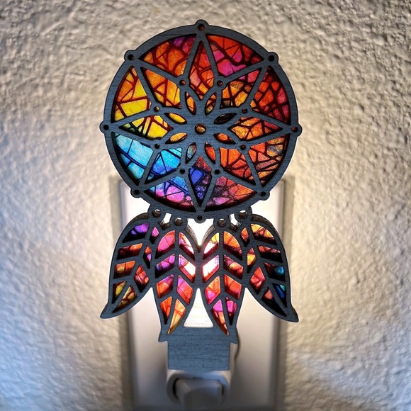 Rainbow Dreamcatcher Night Light Handmade Stained Glass Style LED Plug-in - Picture 3 of 8